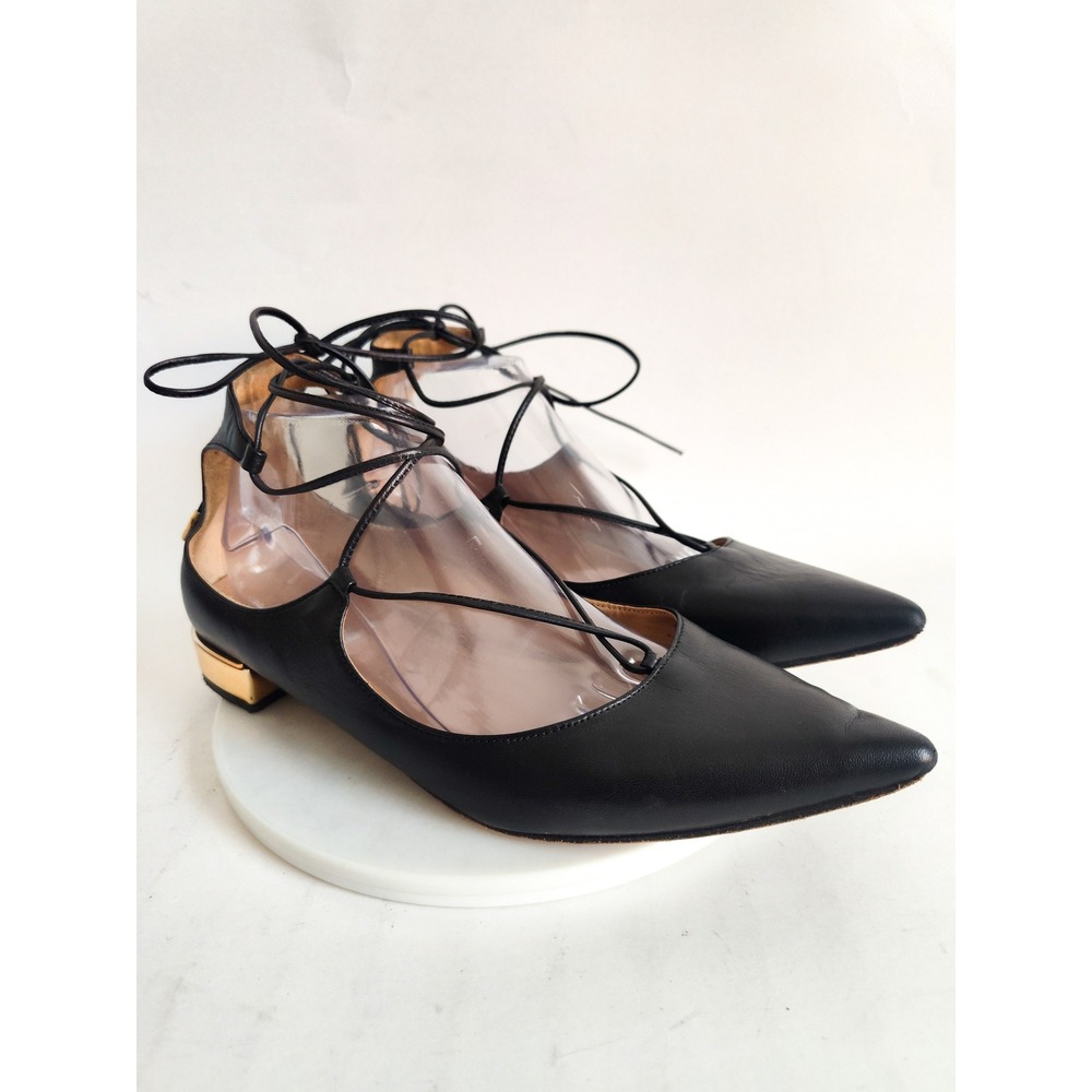 Saks Fifth Ave Flats 9 Lace Up Ankle Wrap Pointed Toe Black Leather Sole Italy